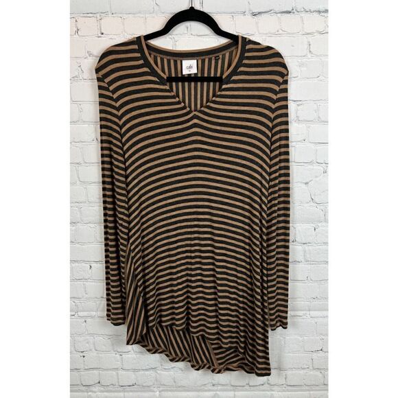 CABI beige camel gray striped knit long sleeve top tunic asymmetric hem size XS - Picture 1 of 4